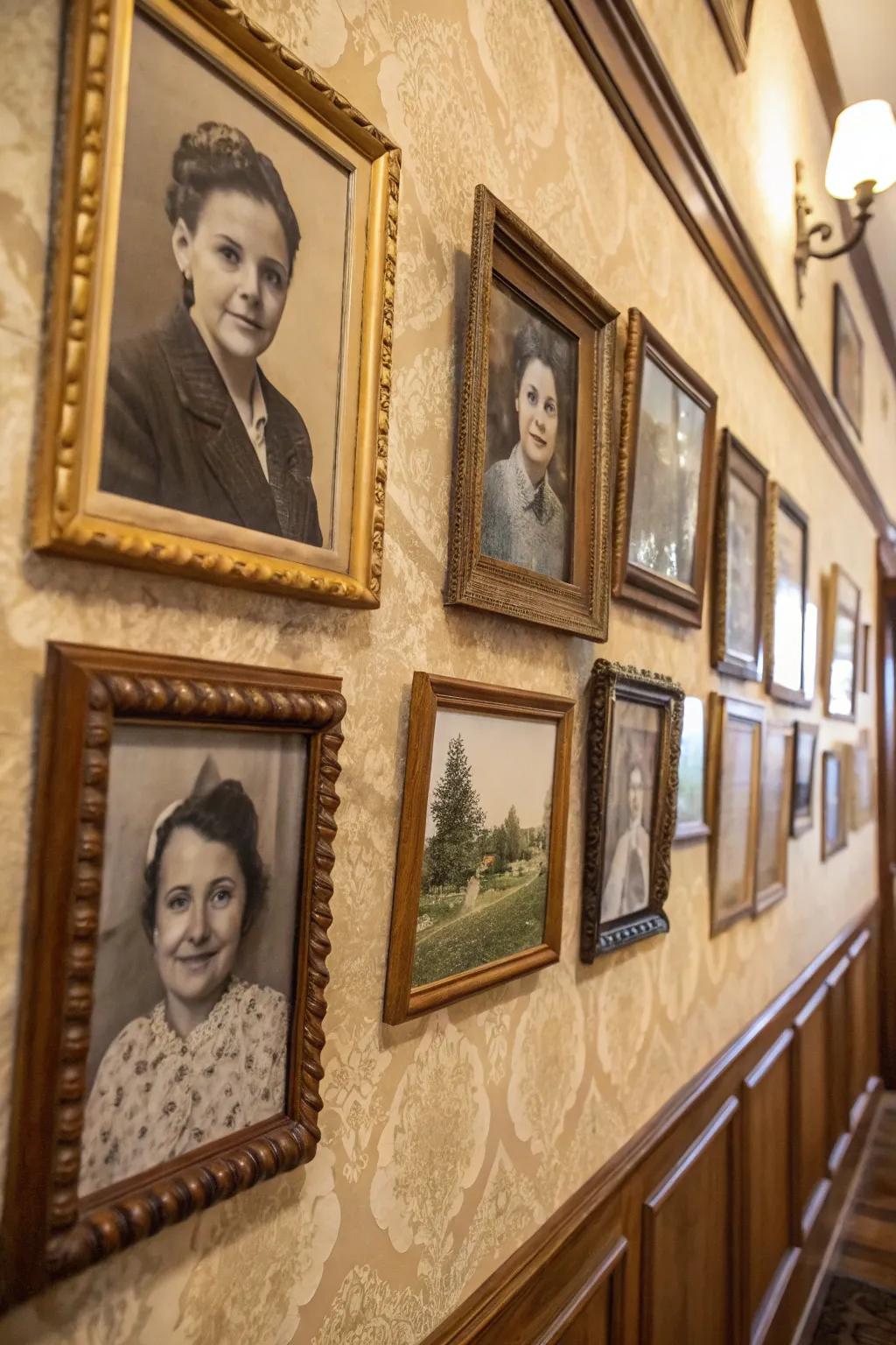 A vintage family wall with antique frames adding elegance and nostalgia.