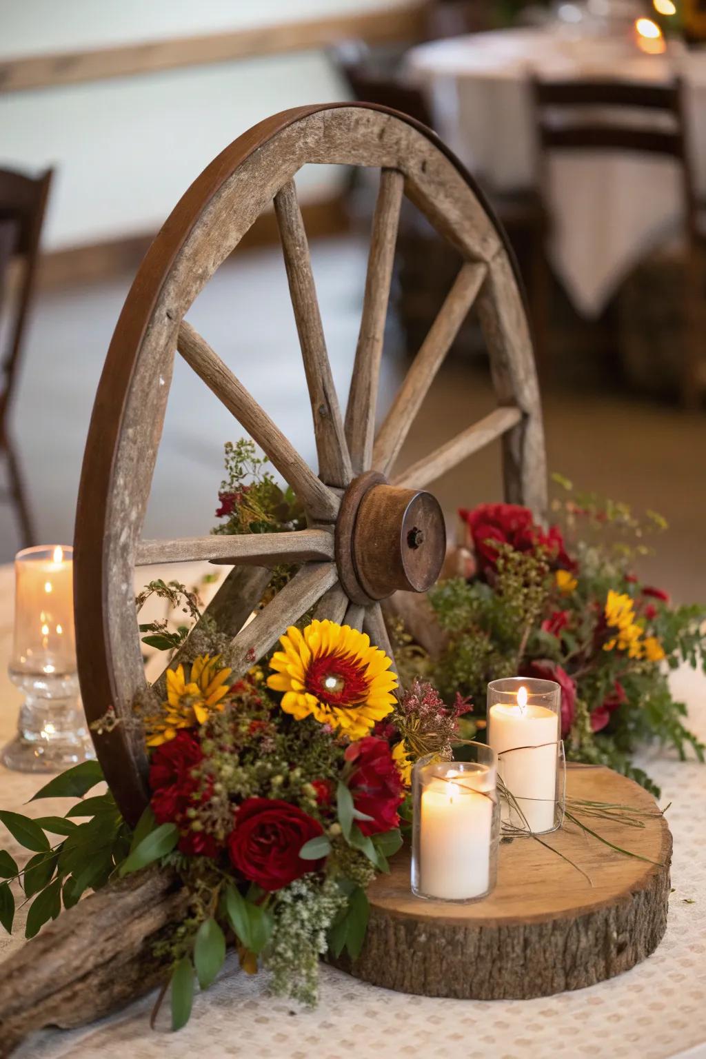 A wagon wheel serves as a creative base for candles and flowers.