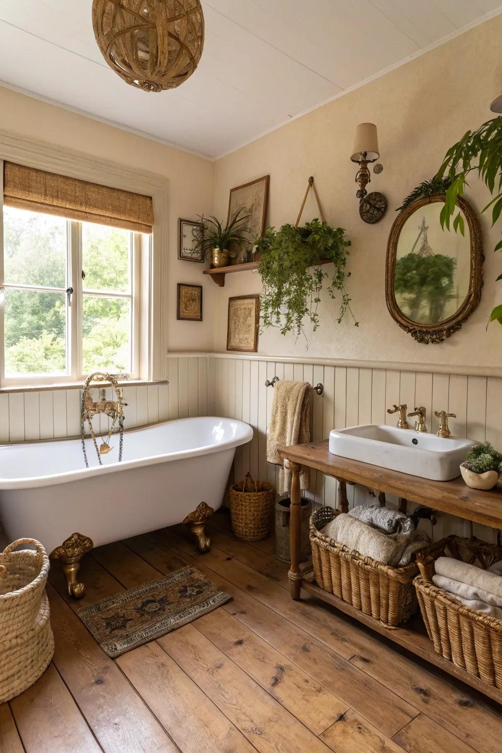 Metal accents provide a sophisticated contrast in a farmhouse bathroom.