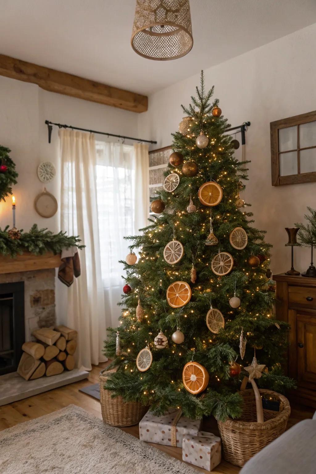 Dried citrus decorations add a natural and fragrant touch to this tree.