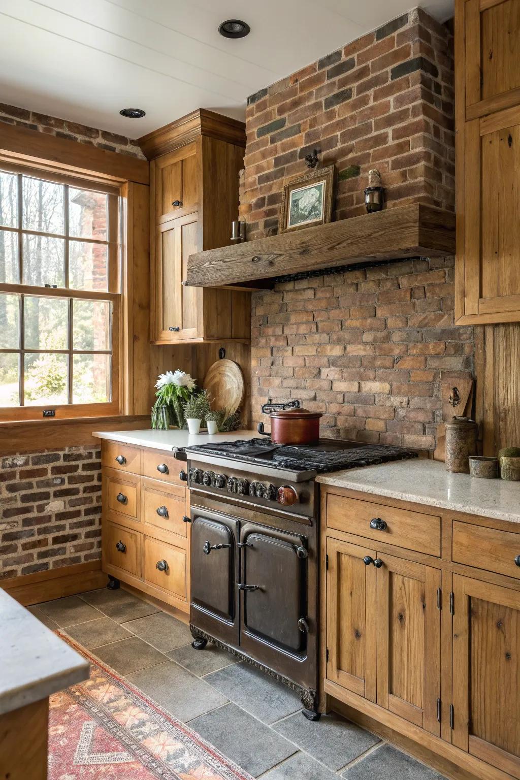 A farmhouse kitchen with a rustic brick and wood combo backsplash.