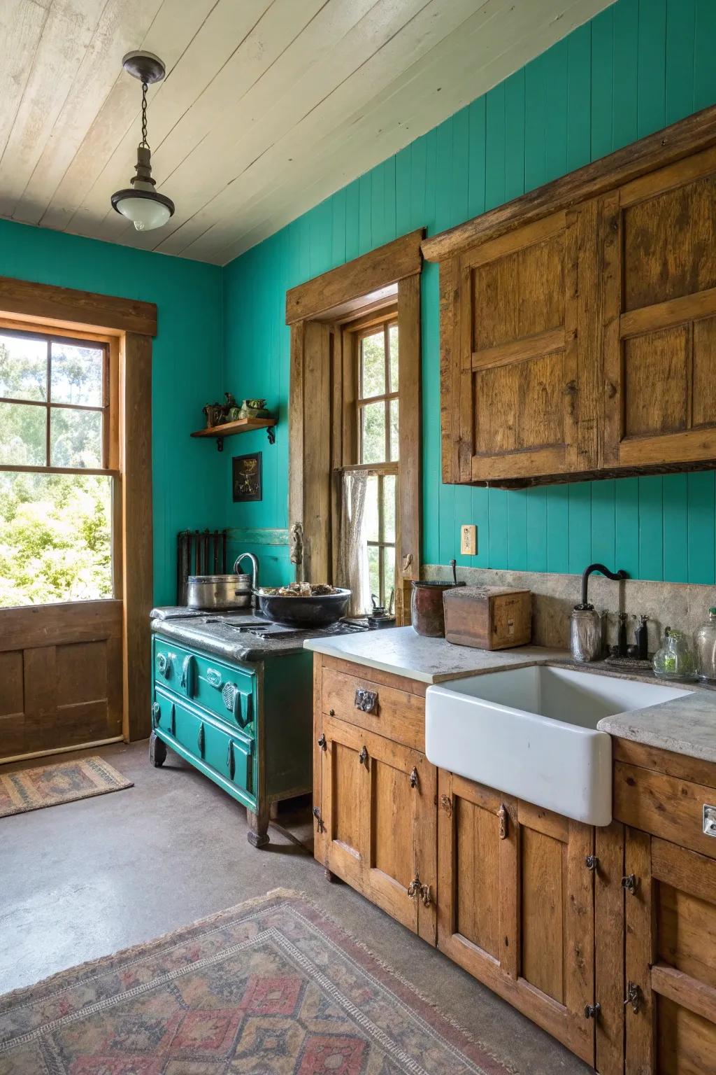 A farmhouse kitchen featuring bold teal accent walls.