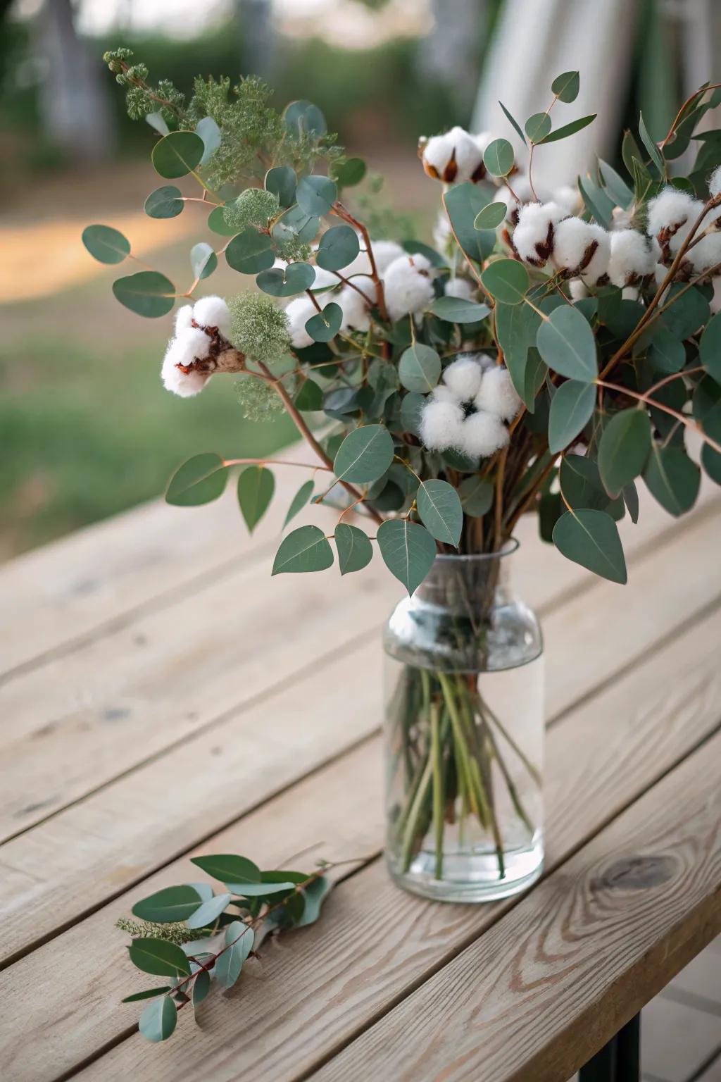 Eucalyptus and cotton stems offer a soft, natural look for your centerpiece.