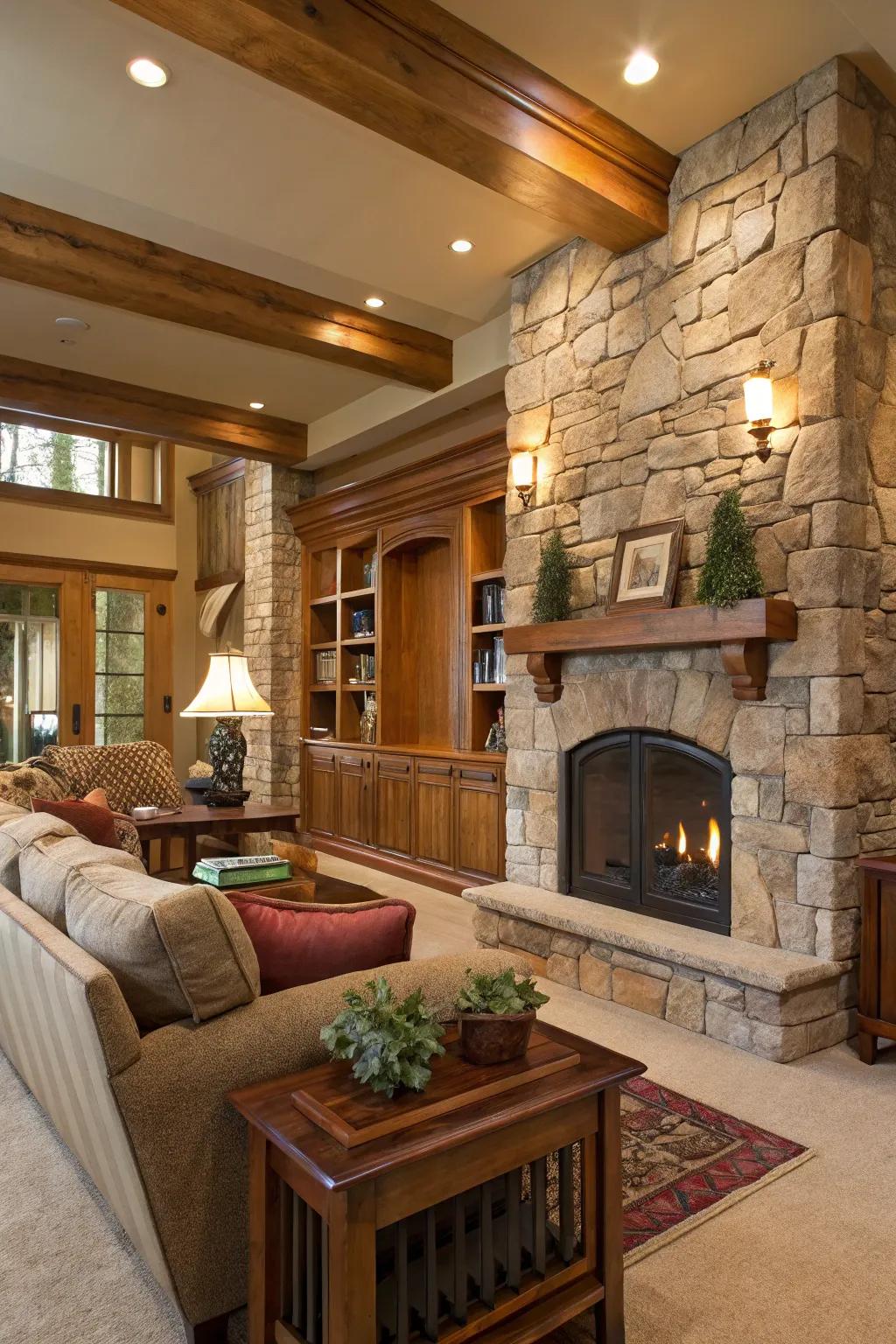 Natural wooden accents and stone features adding warmth to the living room.