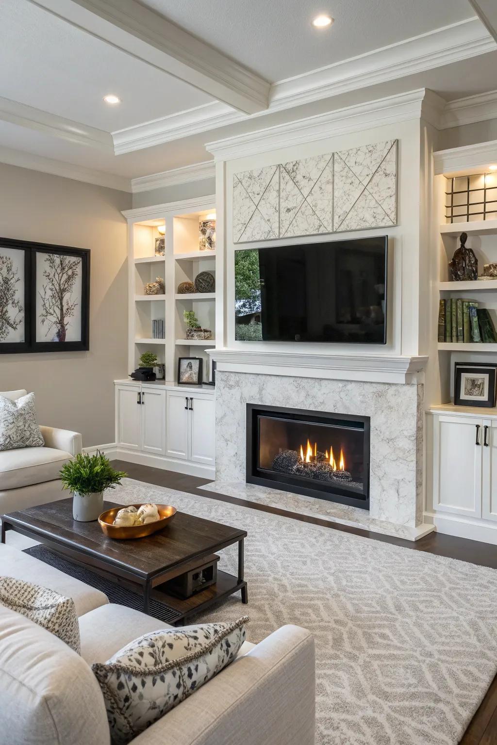 A modern living room with a sleek fireplace and TV integration.