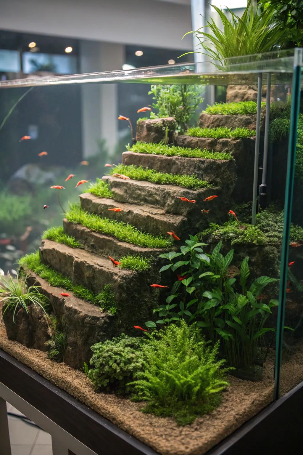 A terraced landscape aquarium design