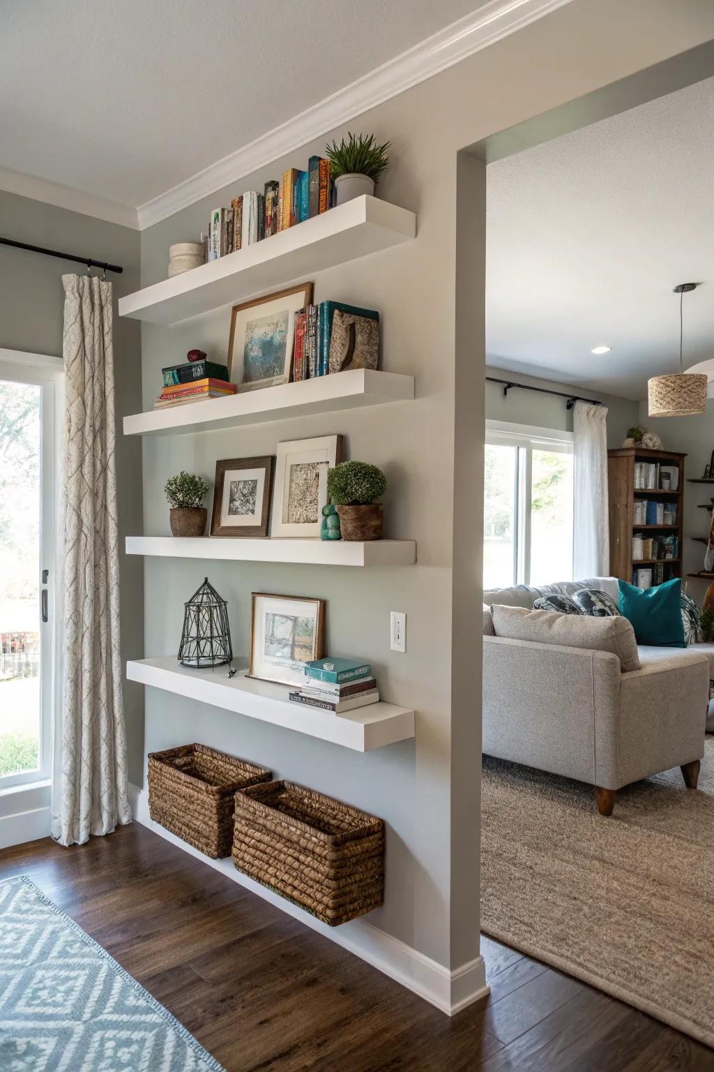 Floating shelves blending with the wall color