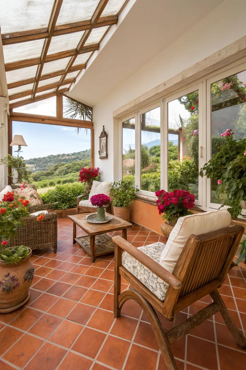 Terracotta tiles infuse the space with warmth and rustic charm.