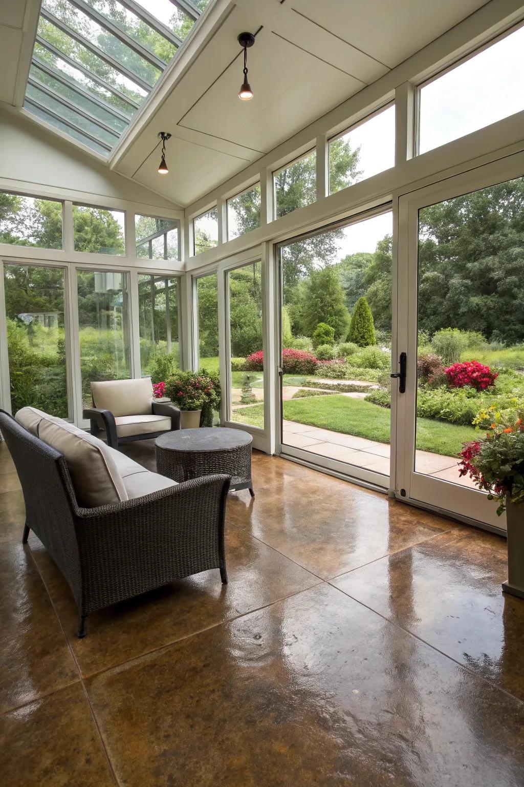 Modern sunroom with stained concrete flooring.