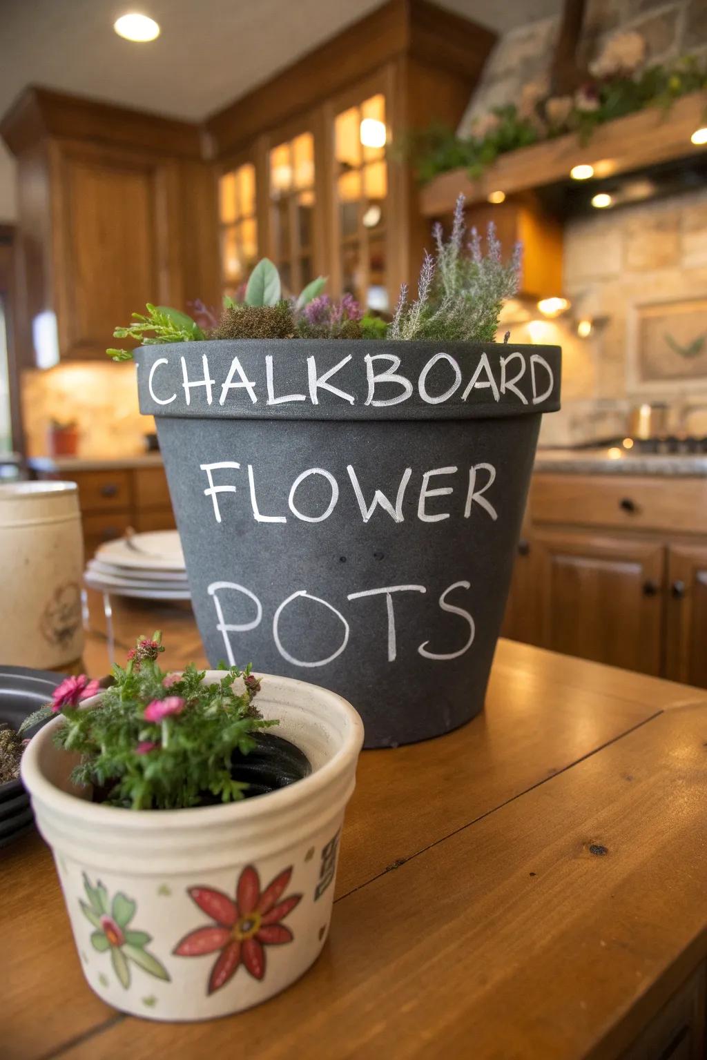 Chalkboard flower pots offering endless possibilities for creativity.