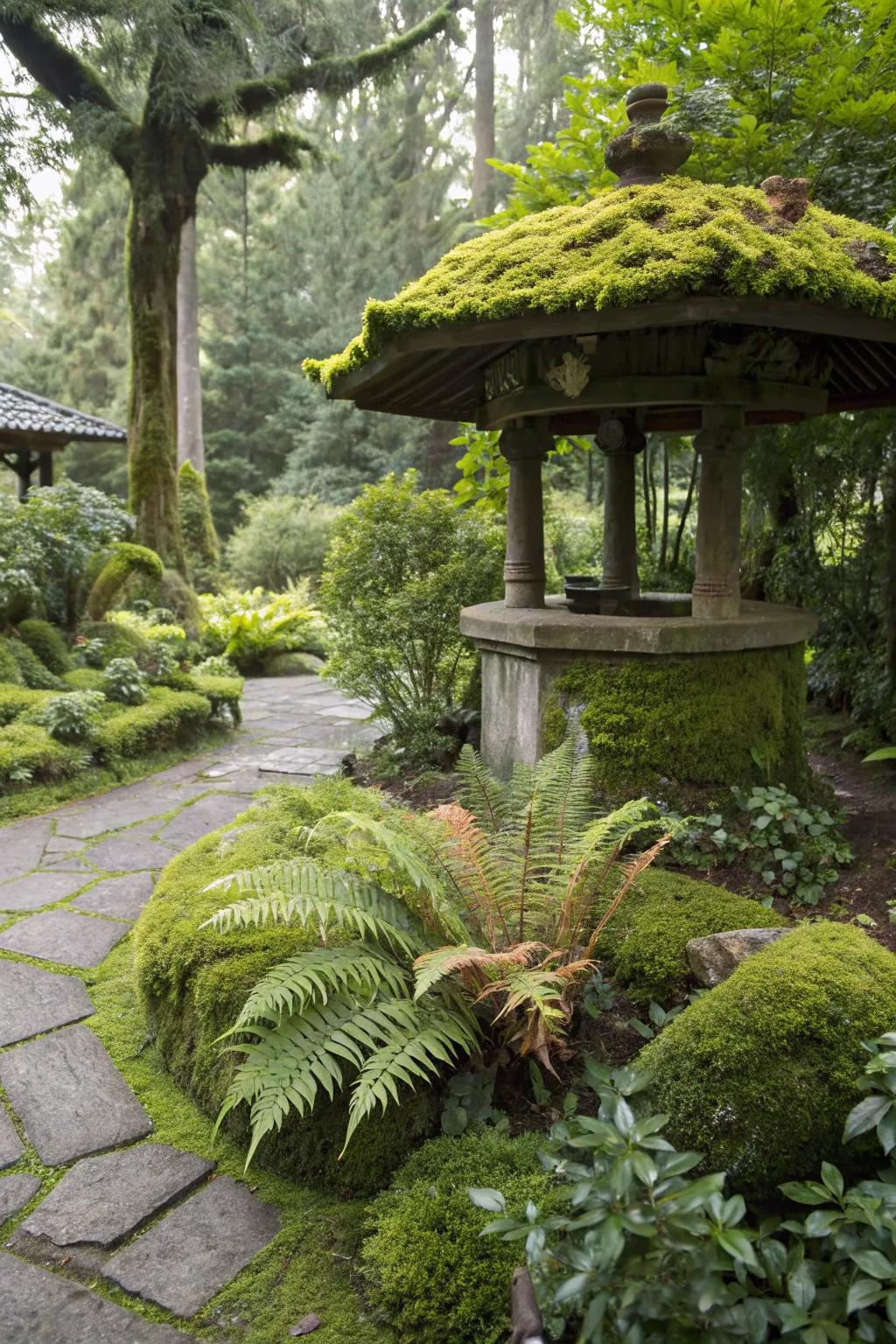 Moss-covered features that add a whimsical, ancient charm.