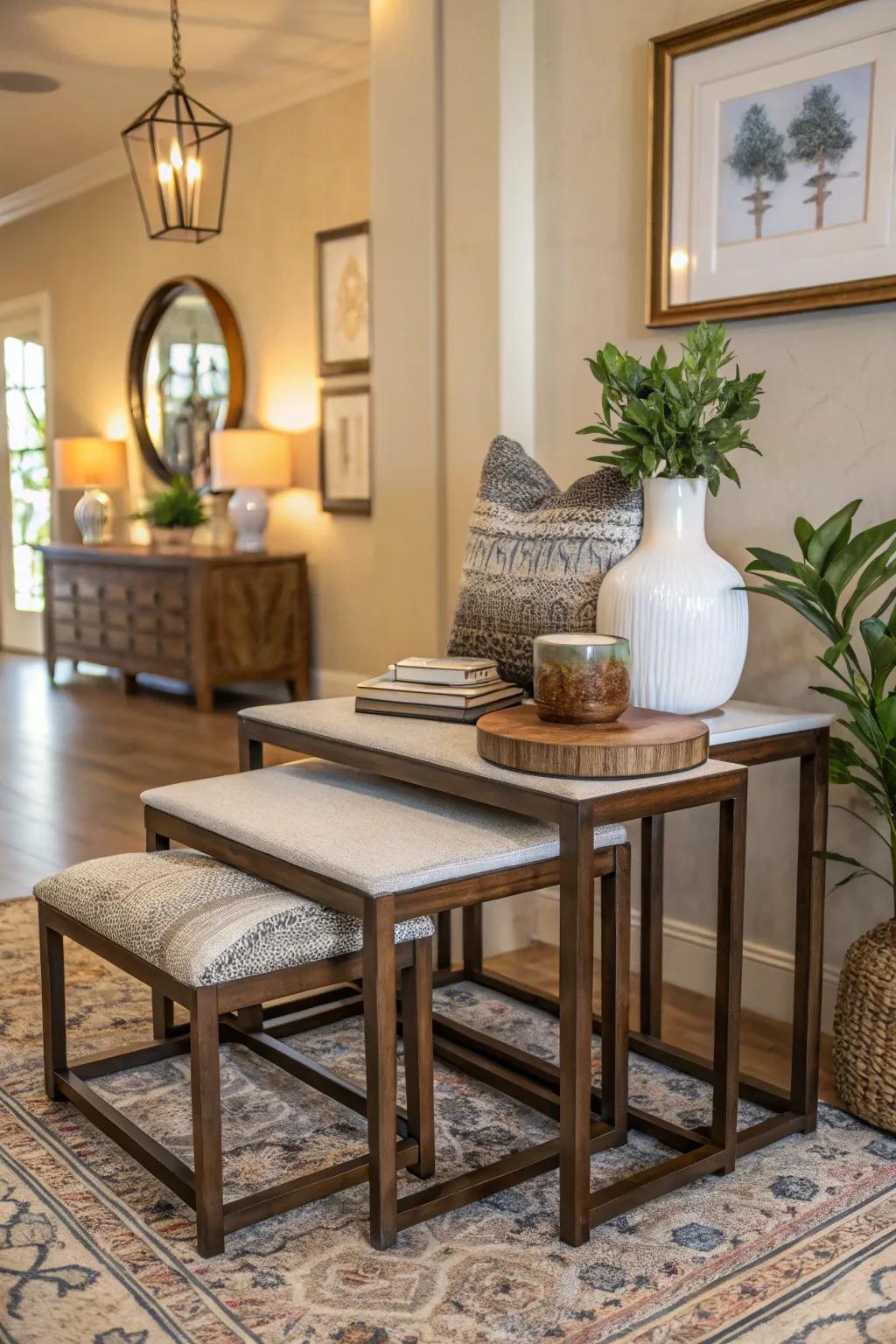 Nesting tables can maximize space and add charm to a foyer.