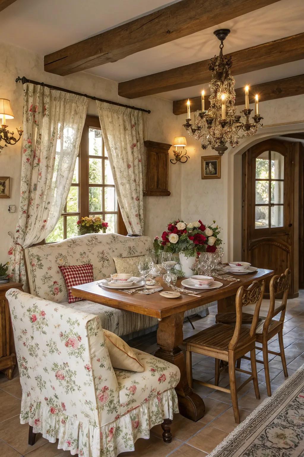 A cozy nook with floral seating for relaxed conversations.
