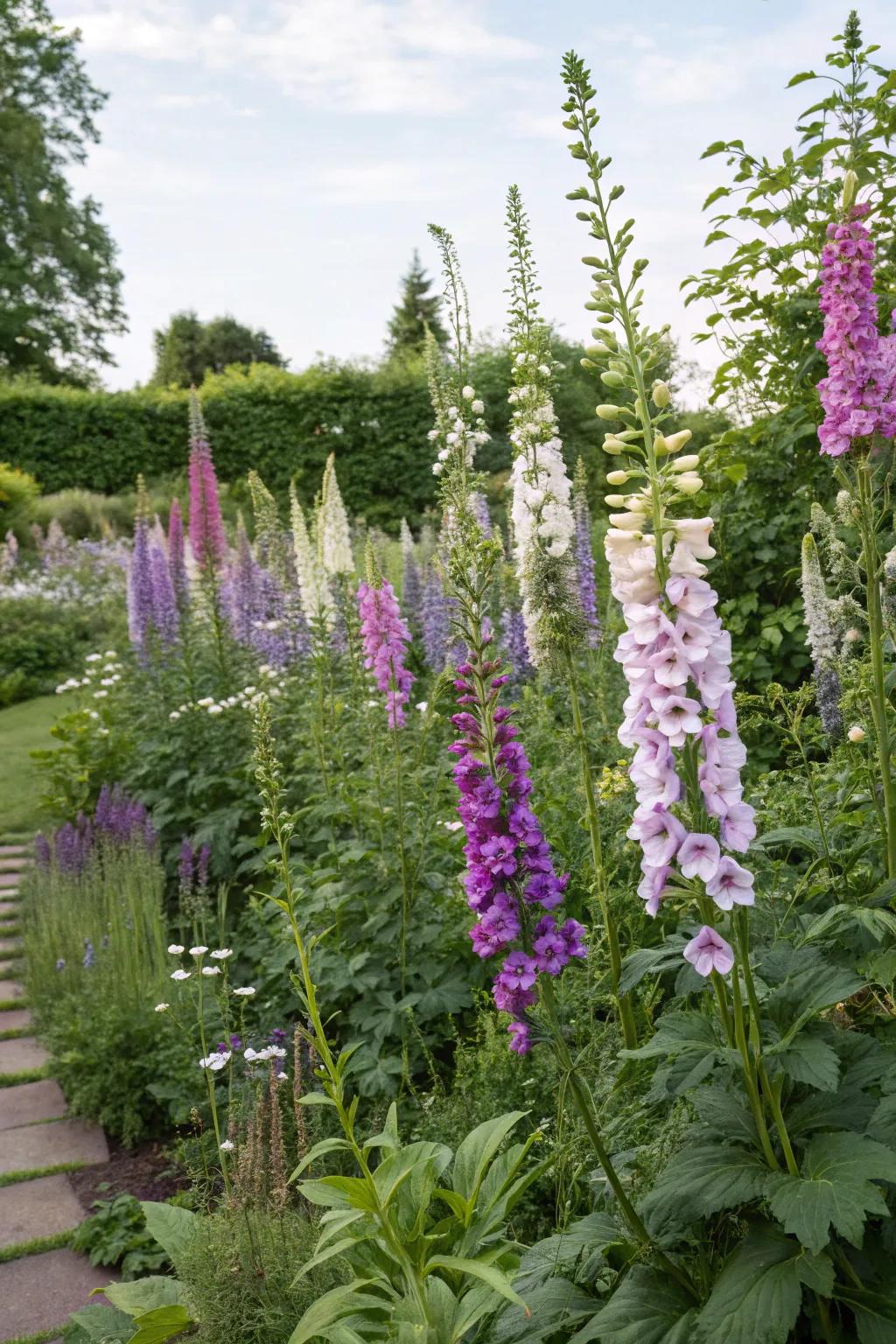 Delphiniums and foxgloves adding nostalgic beauty.