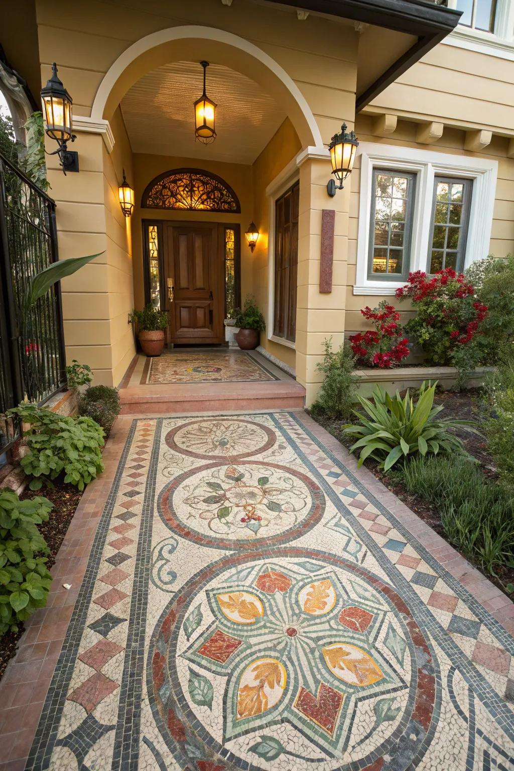 Artistic mosaic pavers for a creative entrance.