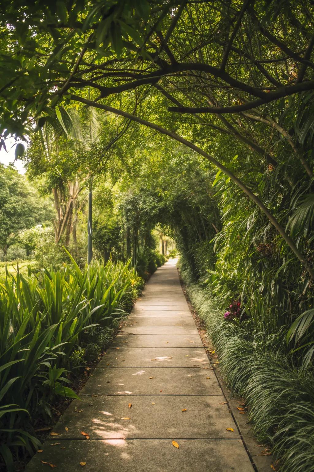 A verdant walkway framed with rich, natural plantings.