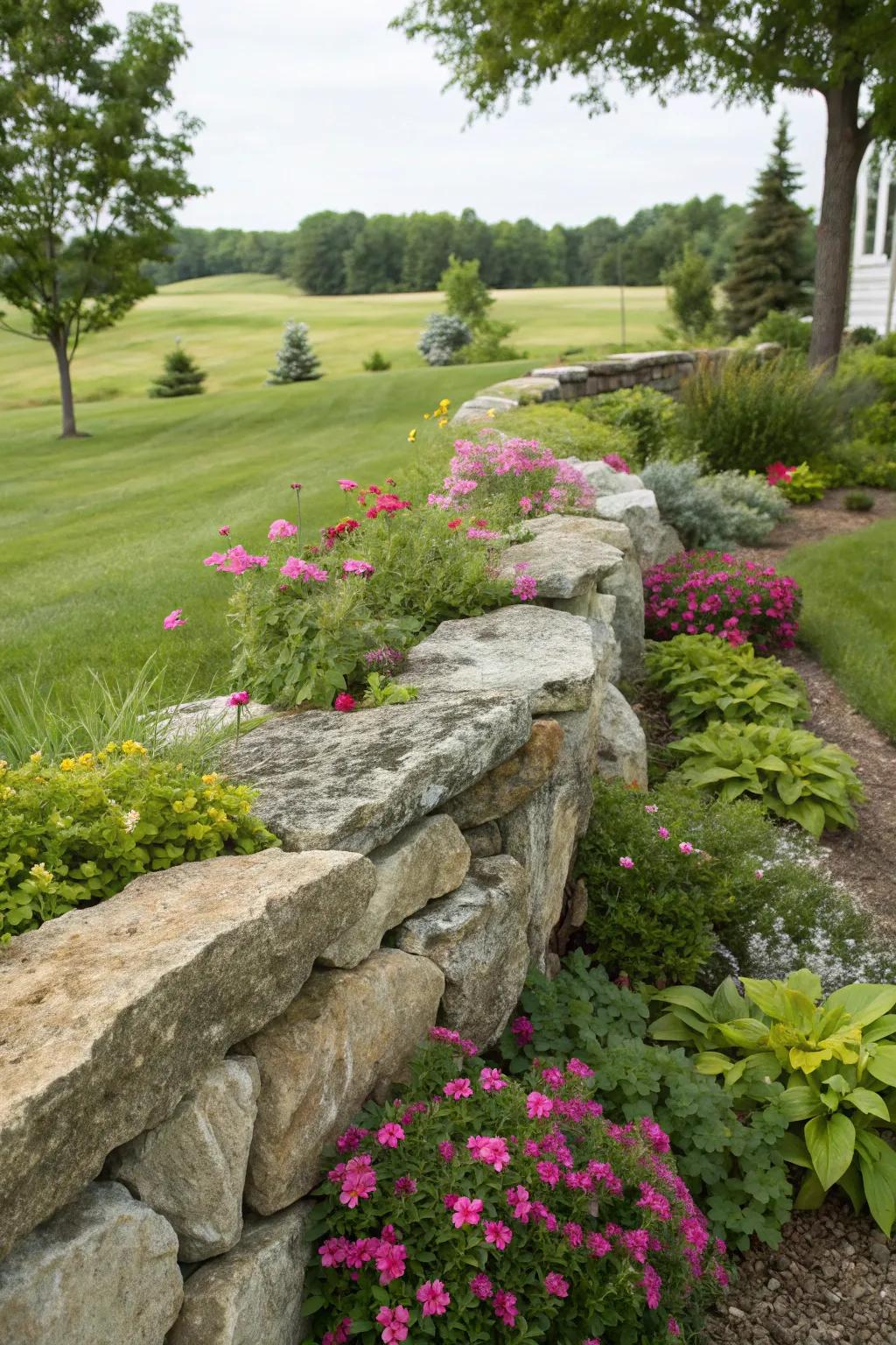 A rock wall providing privacy and acting as a backdrop in a garden.