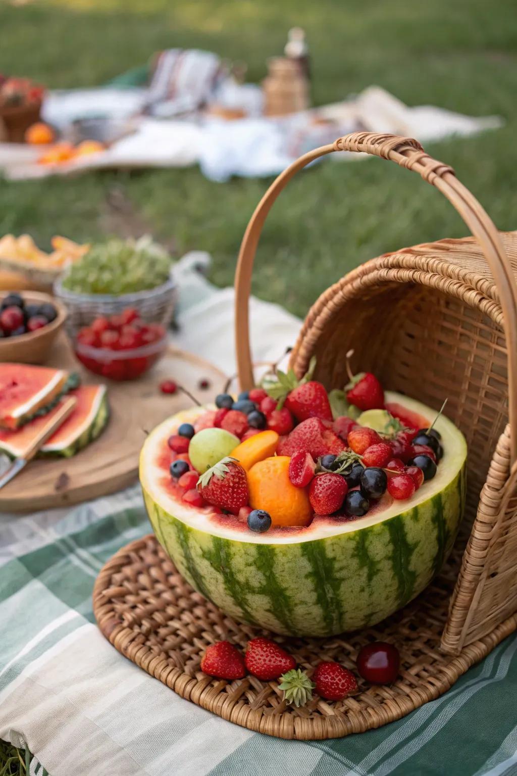 A watermelon basket is both functional and festive for serving fruit salad.