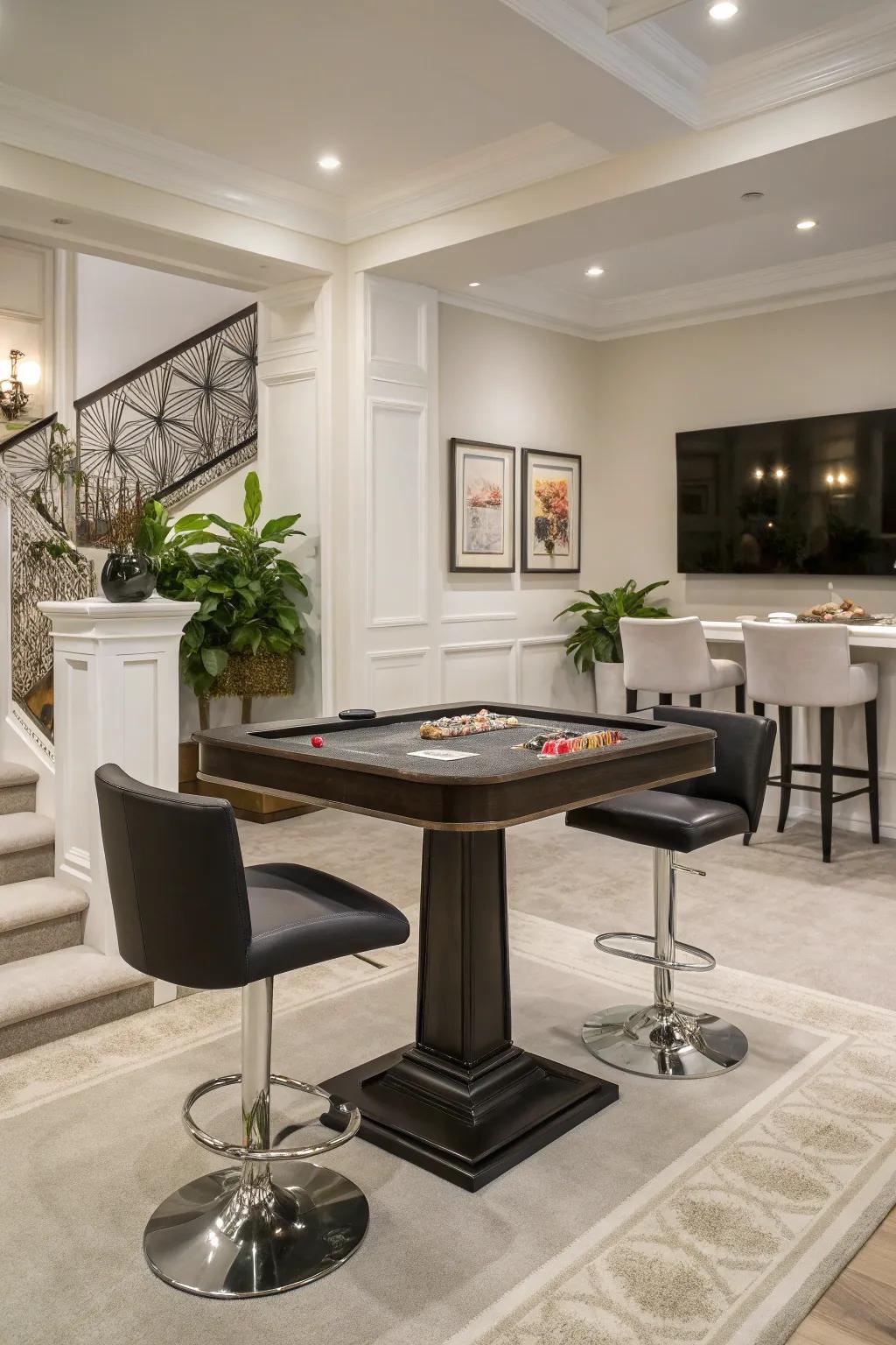 Sleek bar stools provide a modern touch to high-top gaming setups.