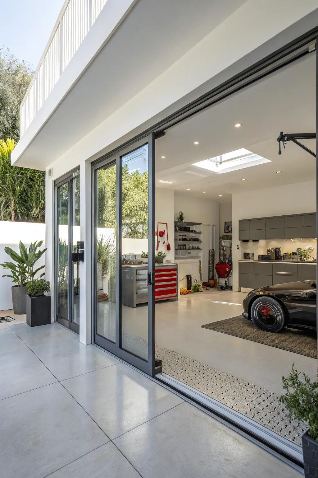 A garage with stylish and practical glass doors.