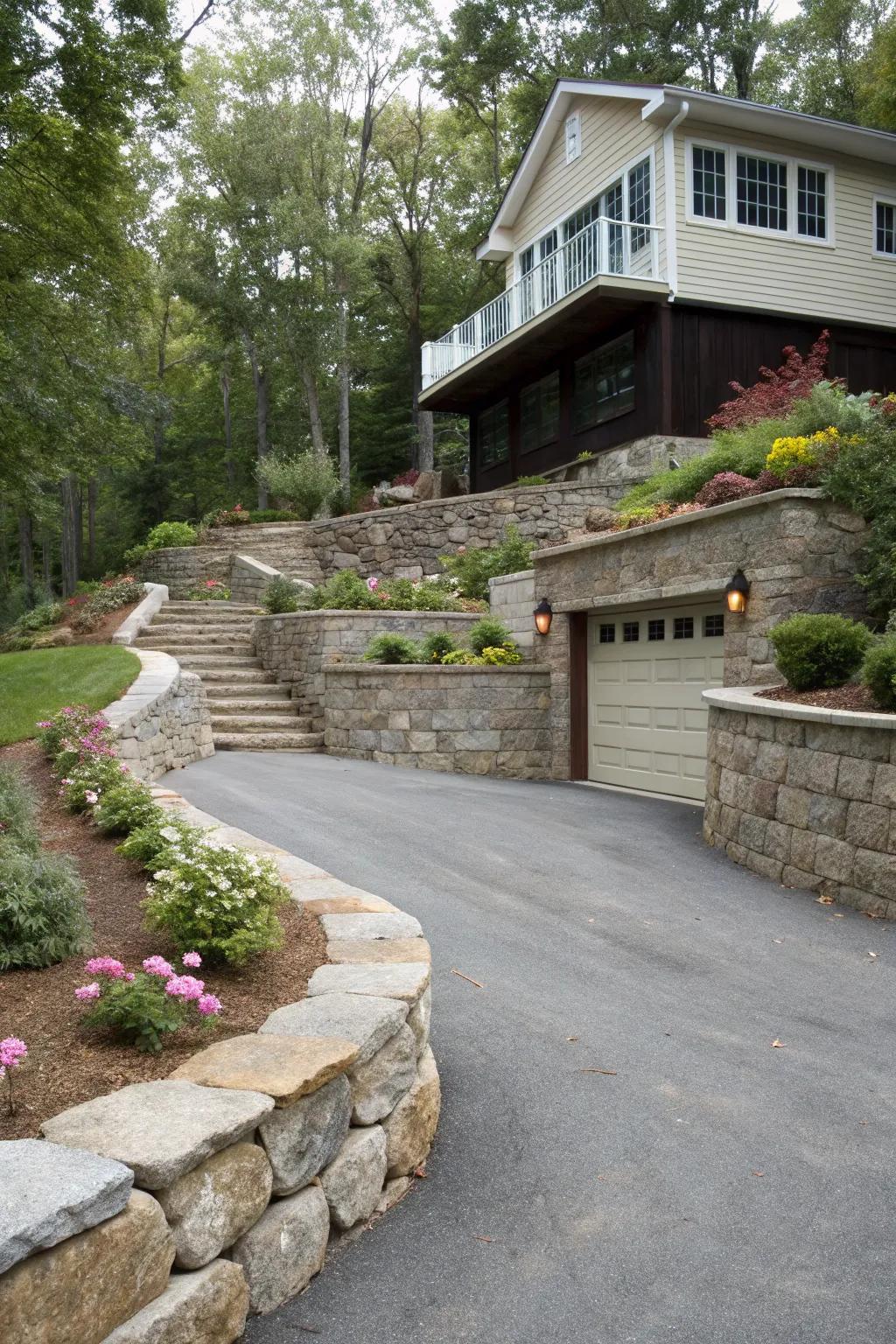 Stone retaining walls that offer structure and style.