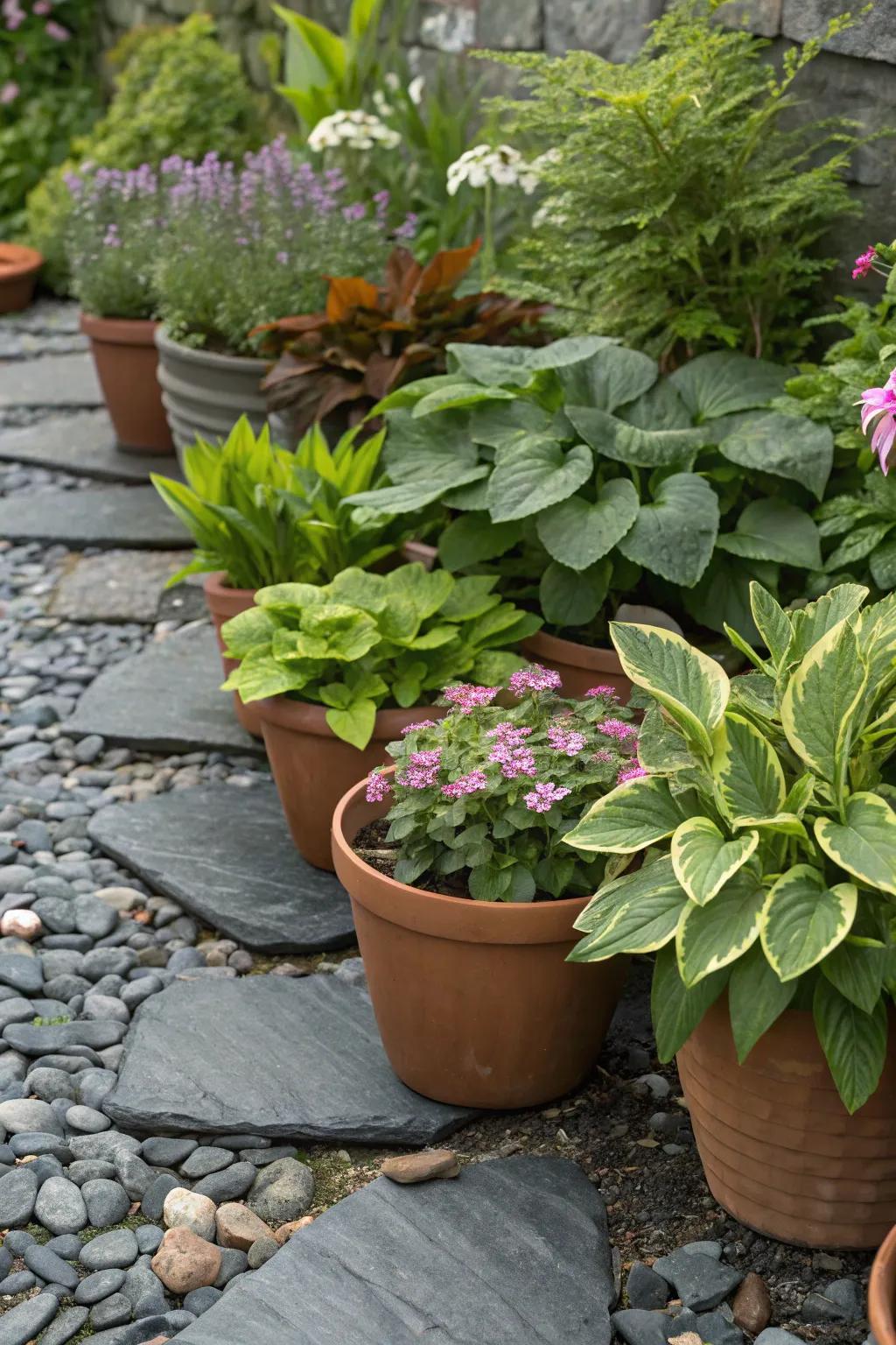 Create a chic container garden with slate chippings as a base.