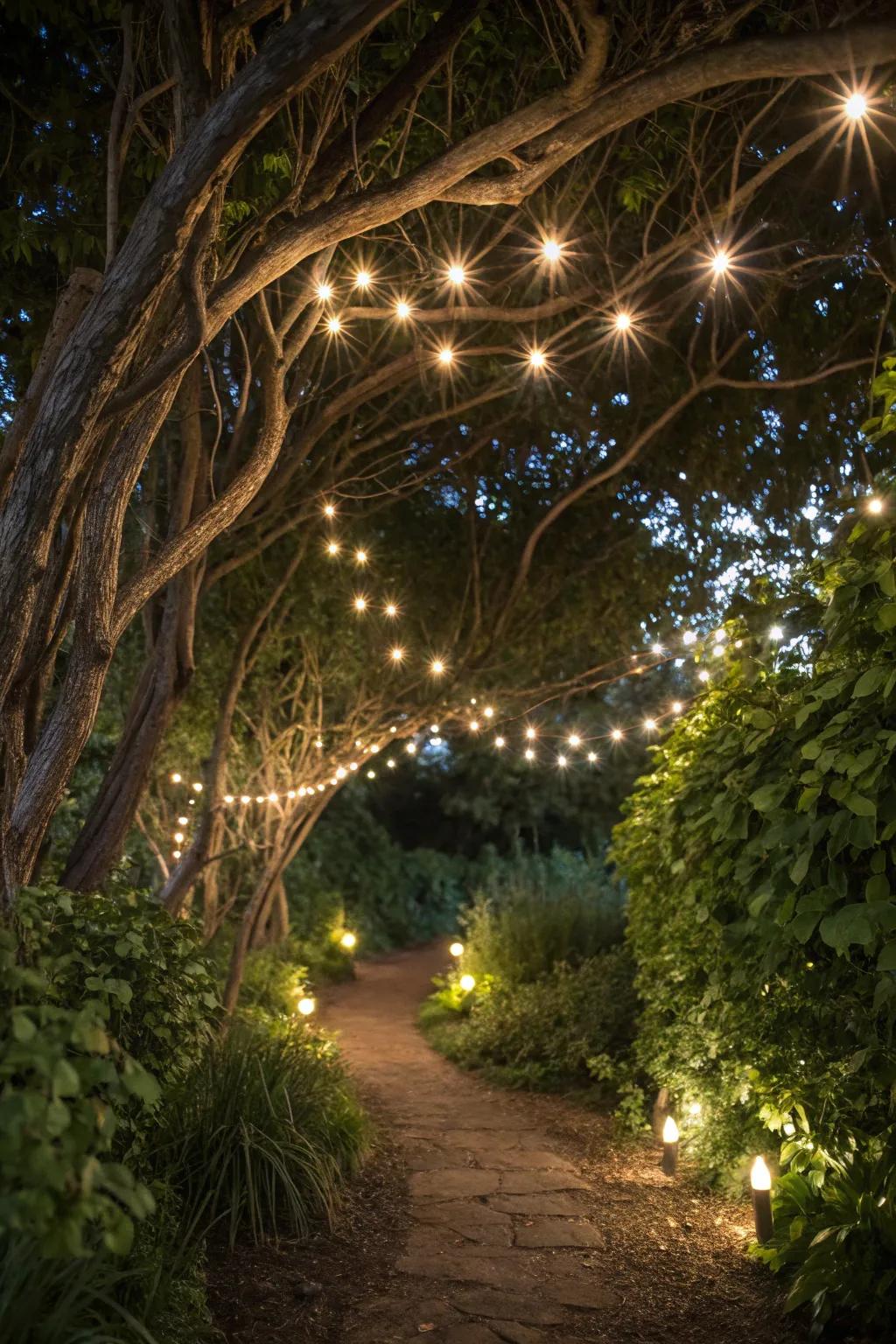 Twinkling fairy lights create a magical atmosphere in the garden.