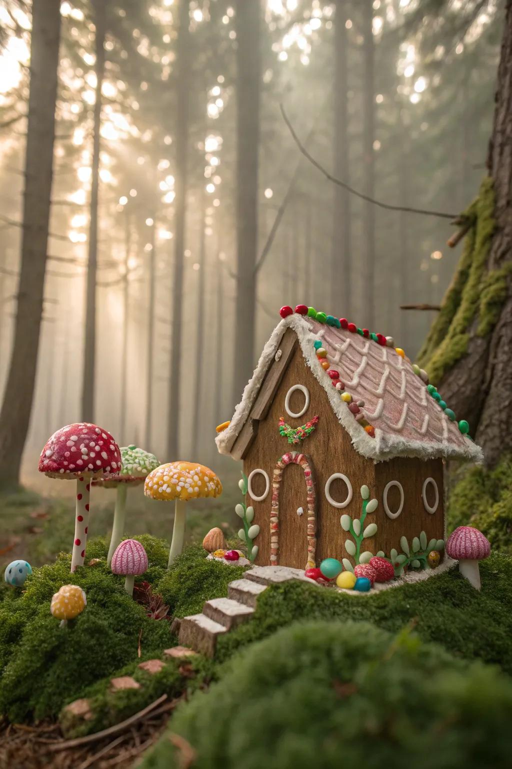 A gingerbread house nestled in a magical enchanted forest.