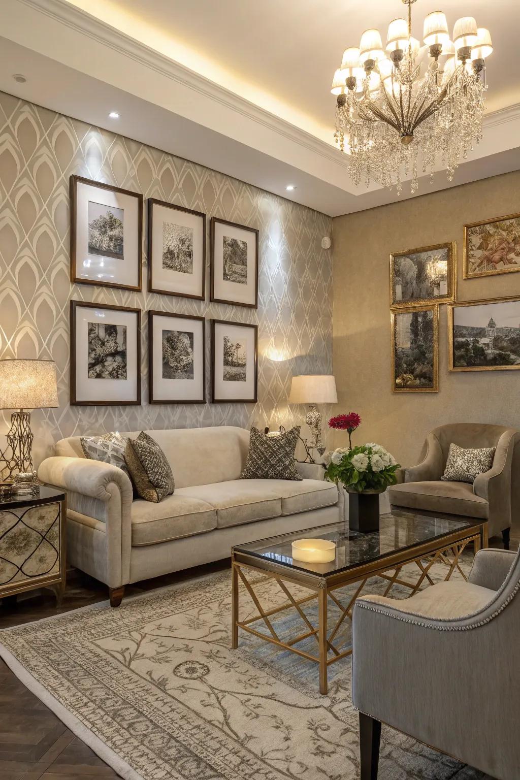 A creative living room featuring a gallery wall with artistic flair.