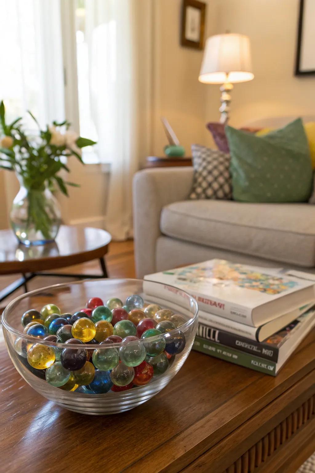 A vibrant and playful display of marbles in a glass bowl.