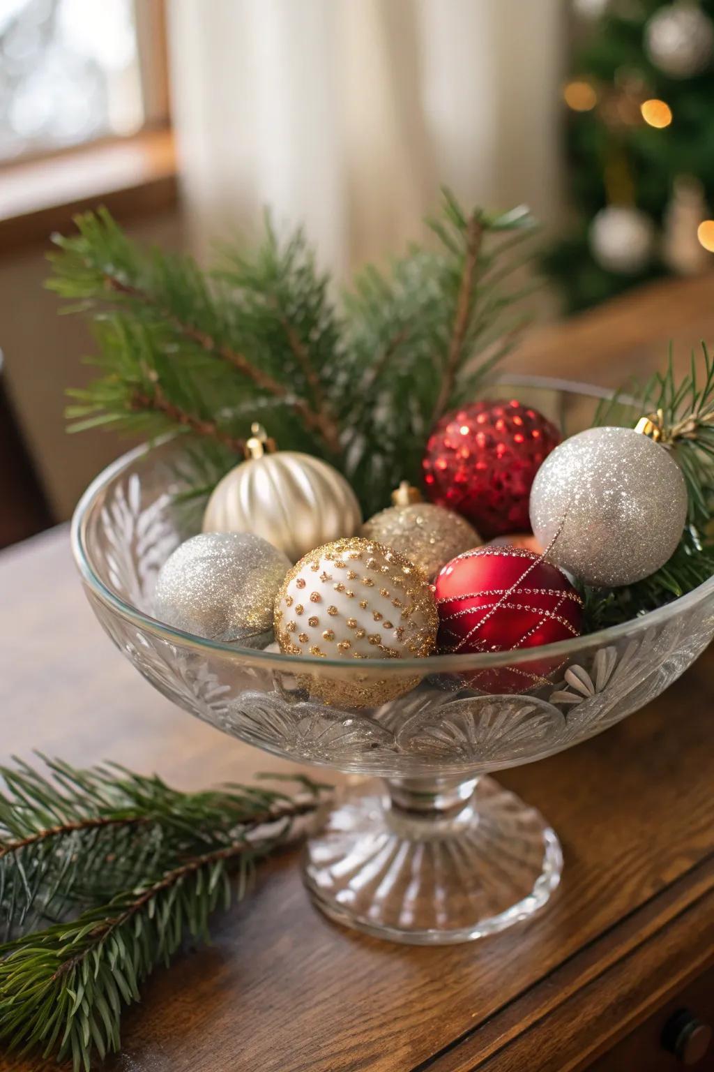 Vintage ornaments add nostalgic charm to a glass bowl.