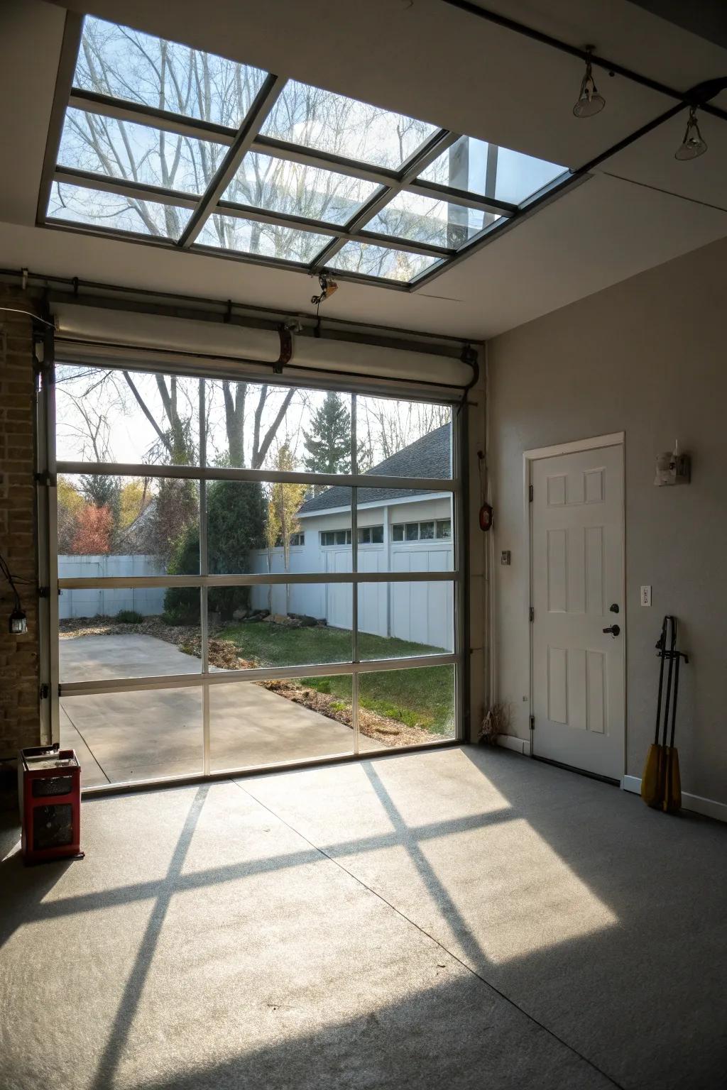 A basement transformed by the natural light of a glass garage door.