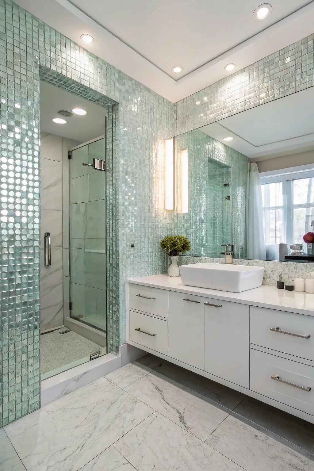 Floor-to-ceiling glass tiles add drama and elegance to any space.