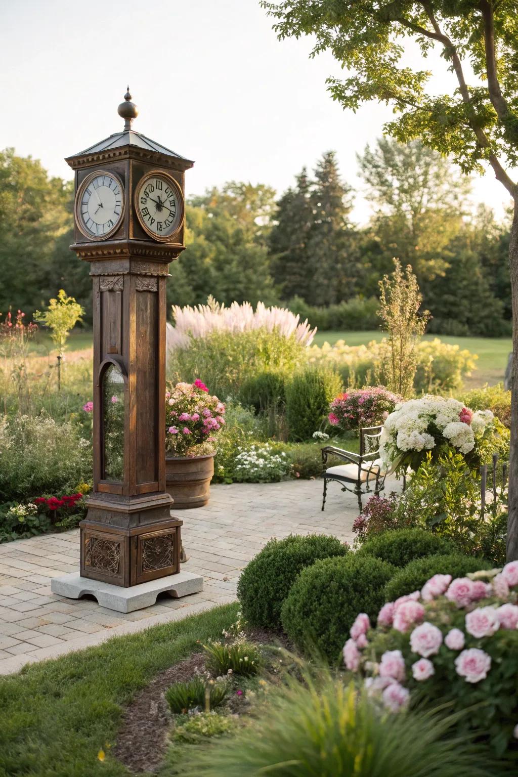 A grandfather clock adds whimsy and charm to an outdoor garden area.