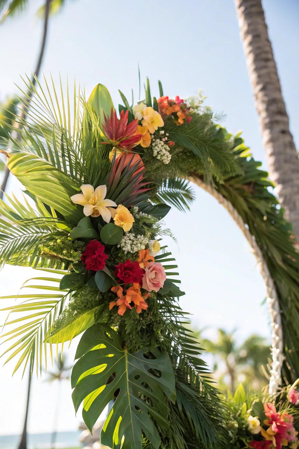 A tropical-themed grapevine wreath with palm leaves.