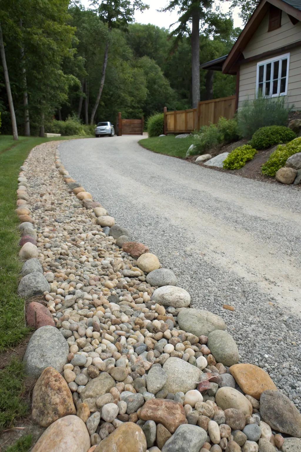 River rock borders provide a smooth and natural transition.