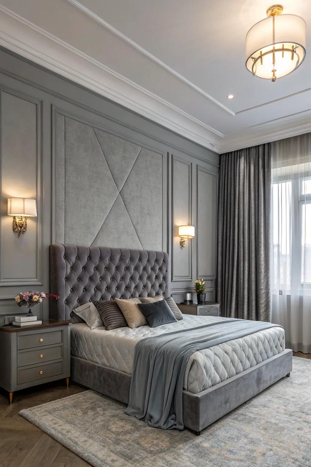 A sophisticated gray bedroom featuring luxurious velvet.