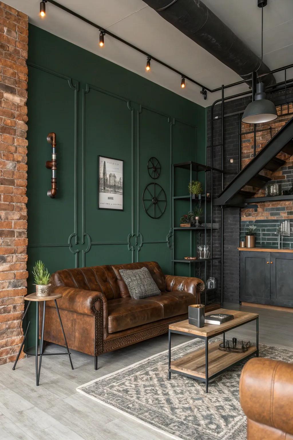 Industrial vibes meet cozy warmth with a dark green wall.