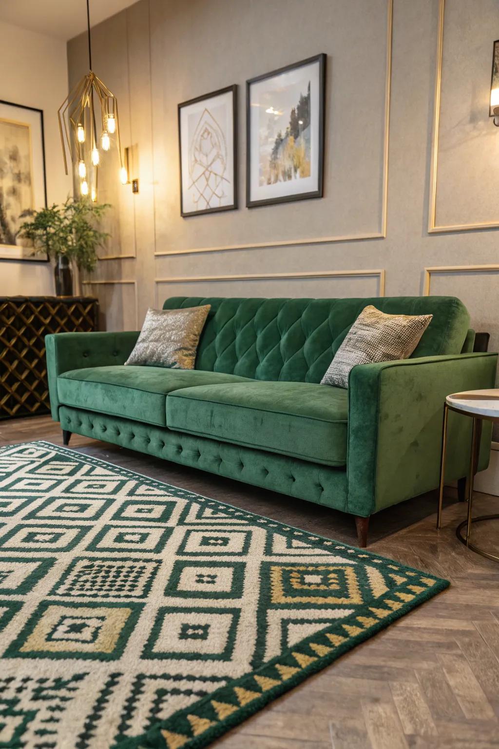 A modern living room with a green velvet couch and geometric patterns.