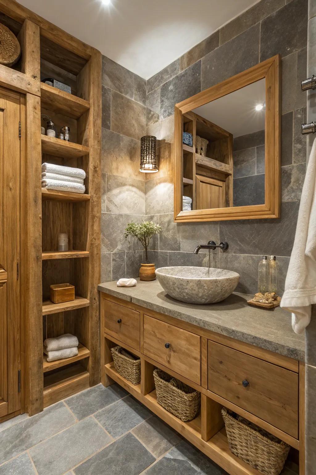 Stone grey walls bring a modern rustic charm to this naturally inspired bathroom.