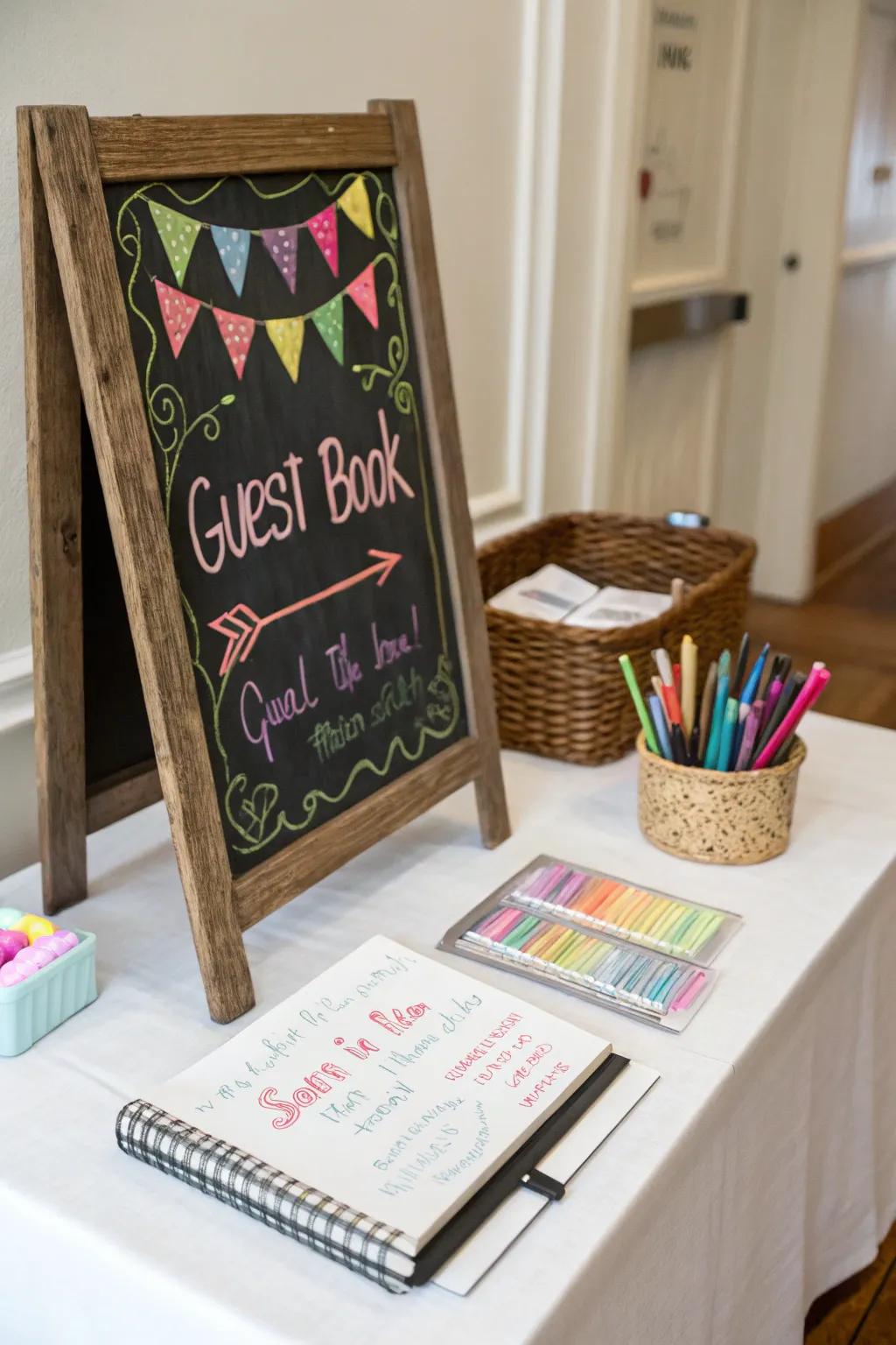 Chalkboard art adds a whimsical, interactive touch to the table.