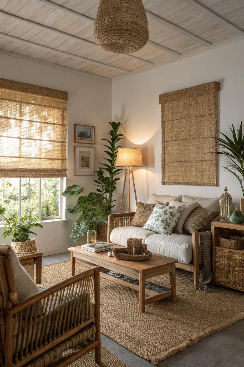 Tranquil living room with woven wood shades.