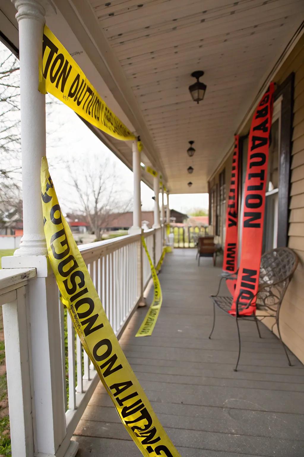 DIY caution tape banners enhancing the Halloween vibe.