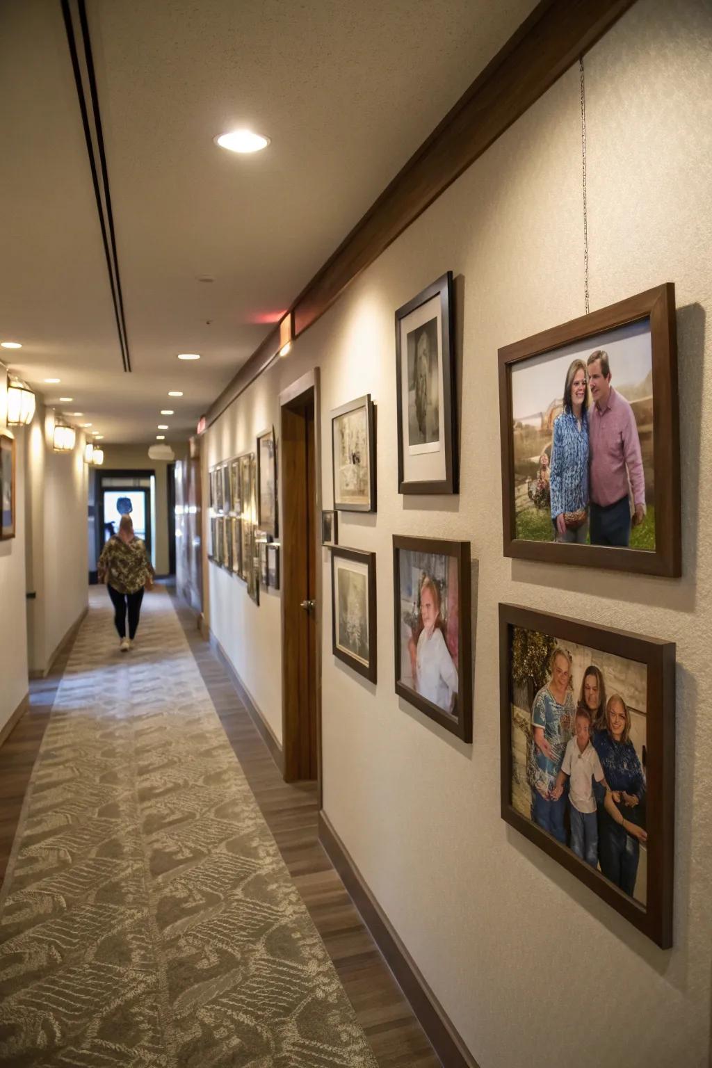 Creative displays of family photos add a personal touch to hallways.