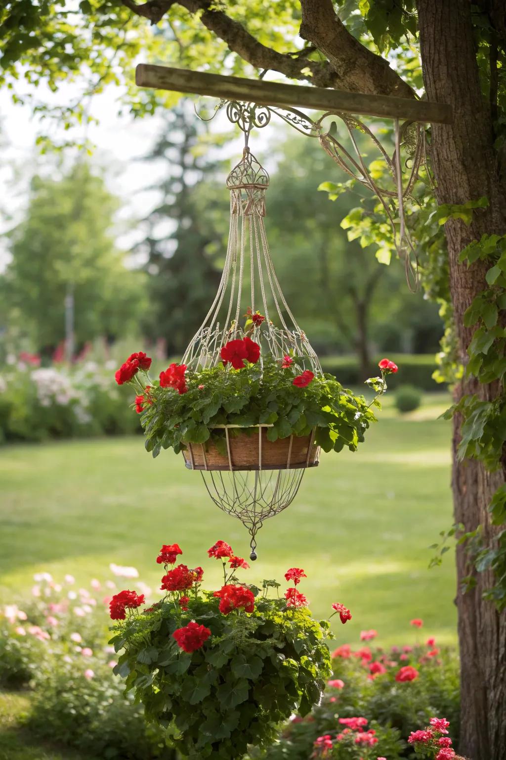 A chandelier of geraniums adds drama to any space.