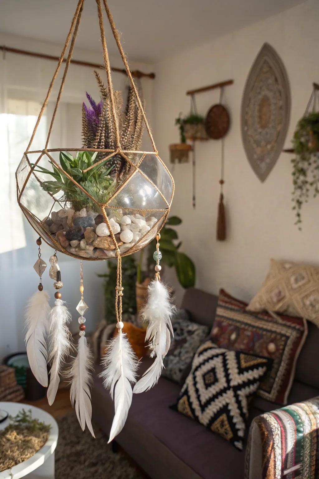 A bohemian terrarium with feathers and crystals for a unique touch.