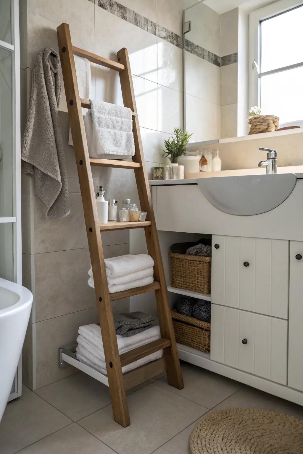 A ladder shelf hiding a medicine cabinet in a modern bathroom.