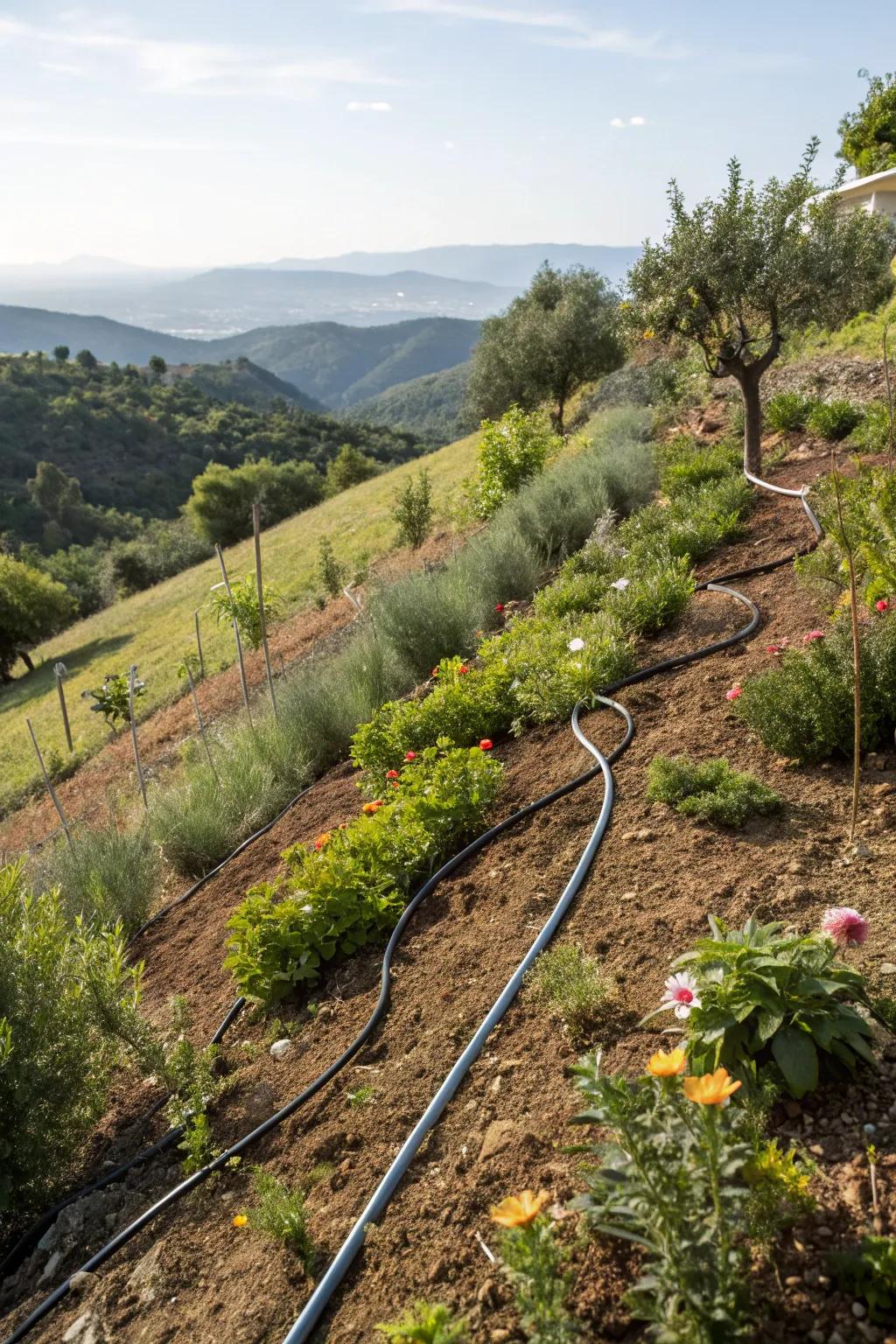 Drip irrigation systems efficiently water hillside gardens while saving water.