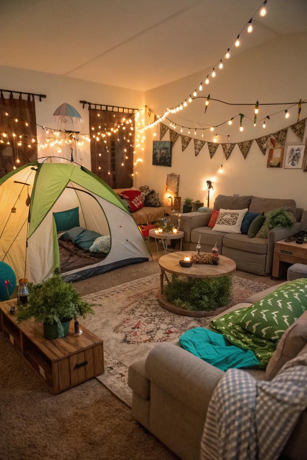 A whimsical indoor camping setup perfect for an adventurous party.