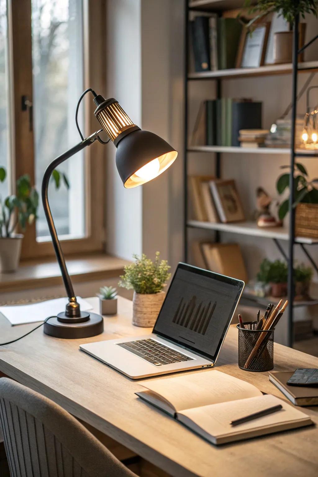 Task lighting enhances home office productivity.